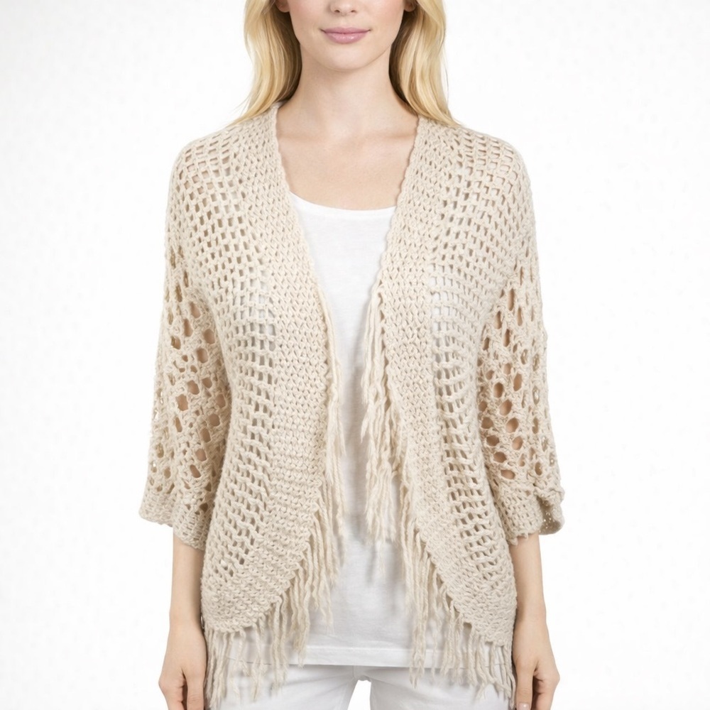 Chicos Cream Open Knit Crochet Cardigan Fringe Cottage Boho Kimono Size 2 Sz L